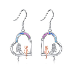 925 Sterling Silver Cat Heart Dangle Earrings