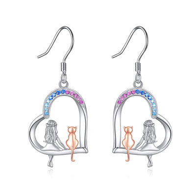 925 Sterling Silver Cat Heart Dangle Earrings
