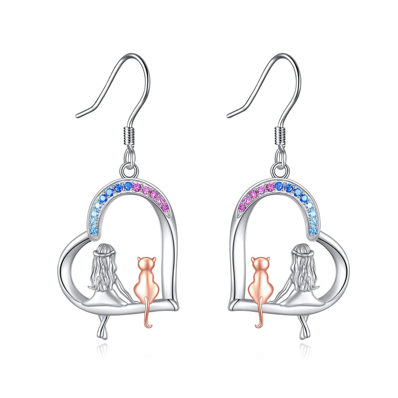 925 Sterling Silver Cat Heart Dangle Earrings